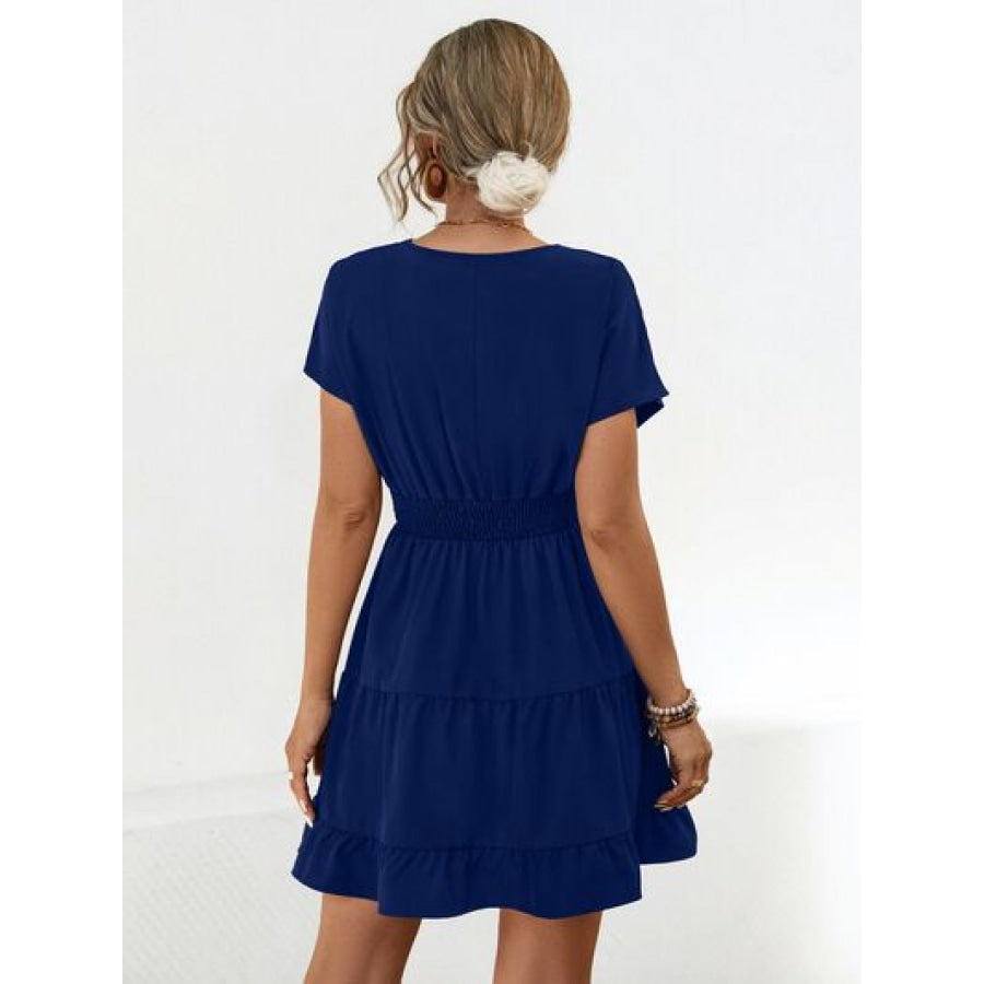 Ruffled Smocked V - Neck Tiered Dress Apparel and Accessories