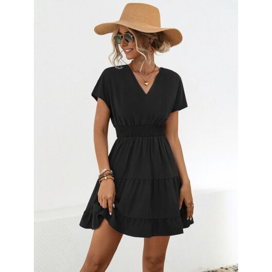 Ruffled Smocked V - Neck Tiered Dress Black / S Apparel and Accessories