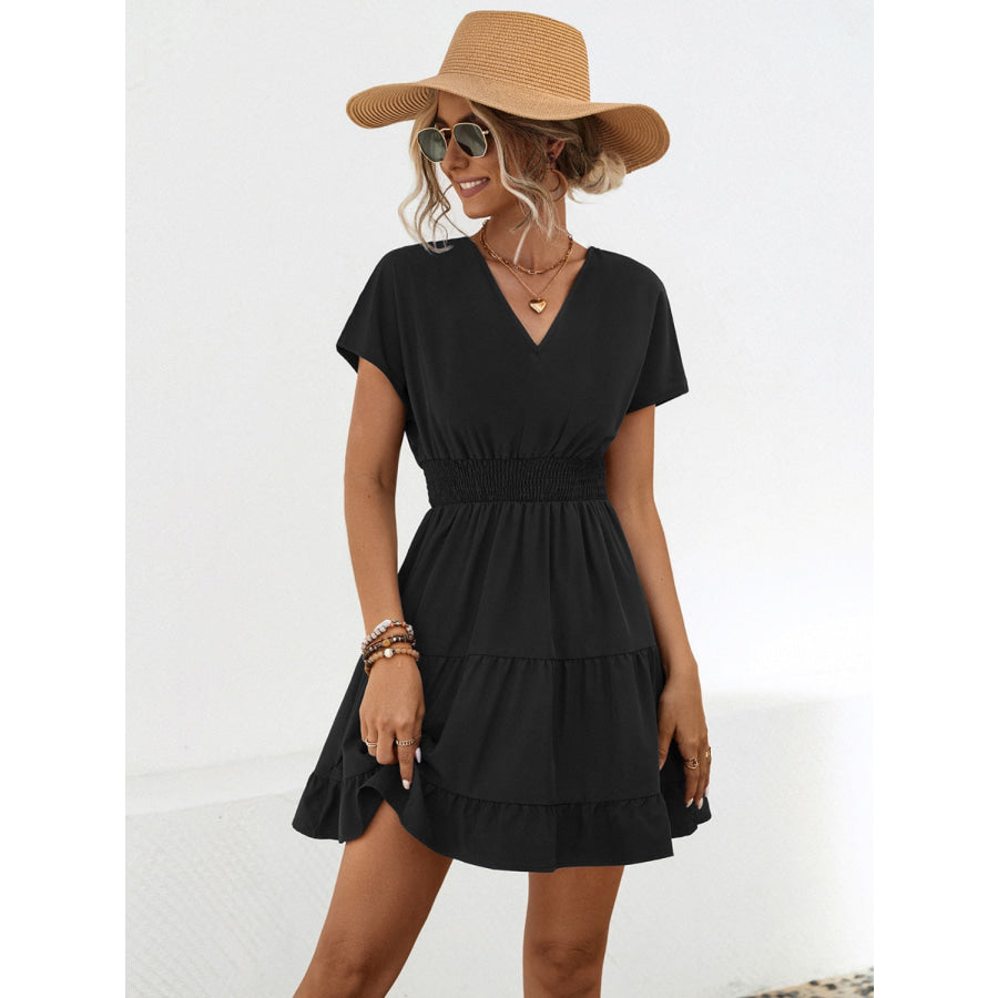 Ruffled Smocked V - Neck Tiered Dress Black / XL Apparel and Accessories