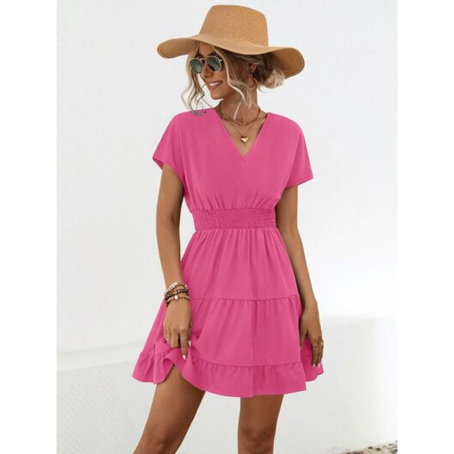 Ruffled Smocked V - Neck Tiered Dress Hot Pink / S Apparel and Accessories