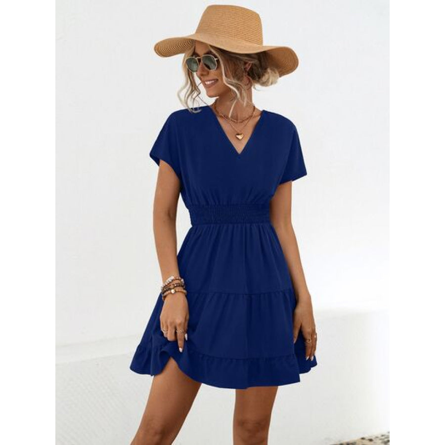 Ruffled Smocked V - Neck Tiered Dress Navy / S Apparel and Accessories