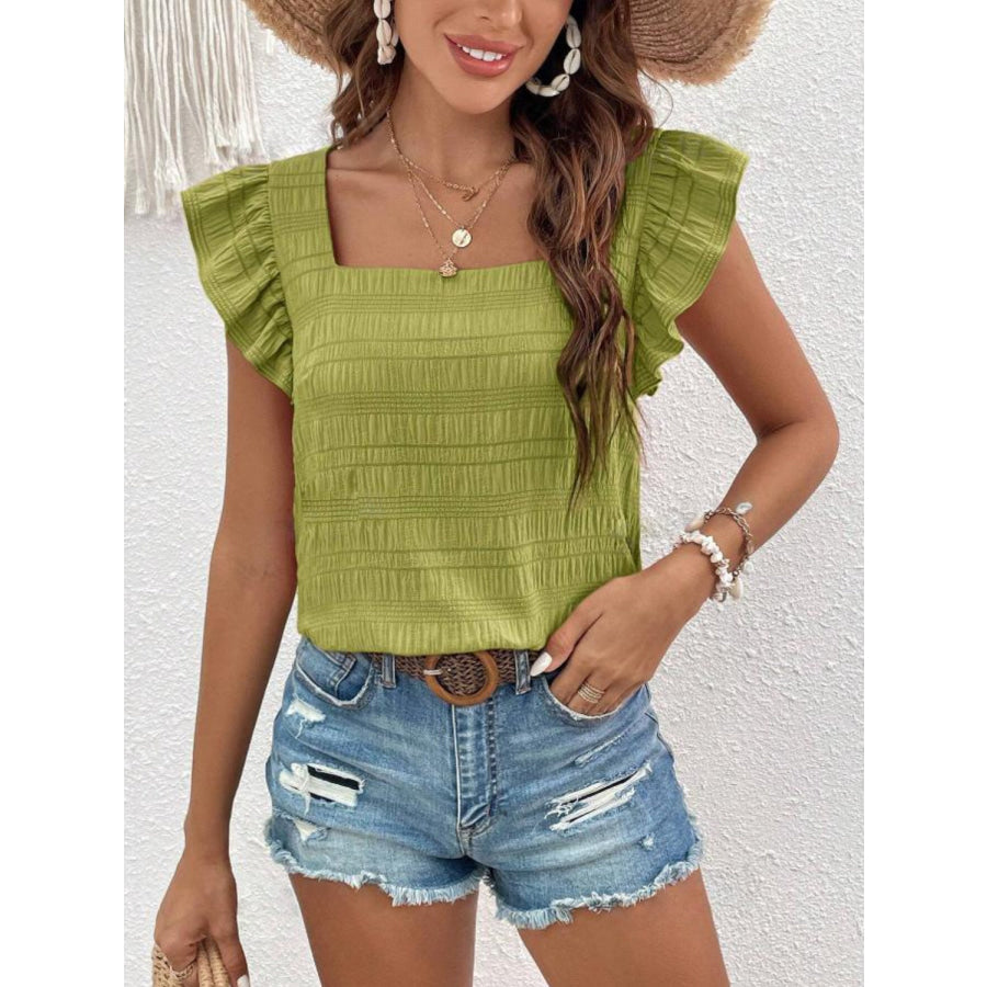 Ruffled Square Neck Cap Sleeve Blouse Apparel and Accessories