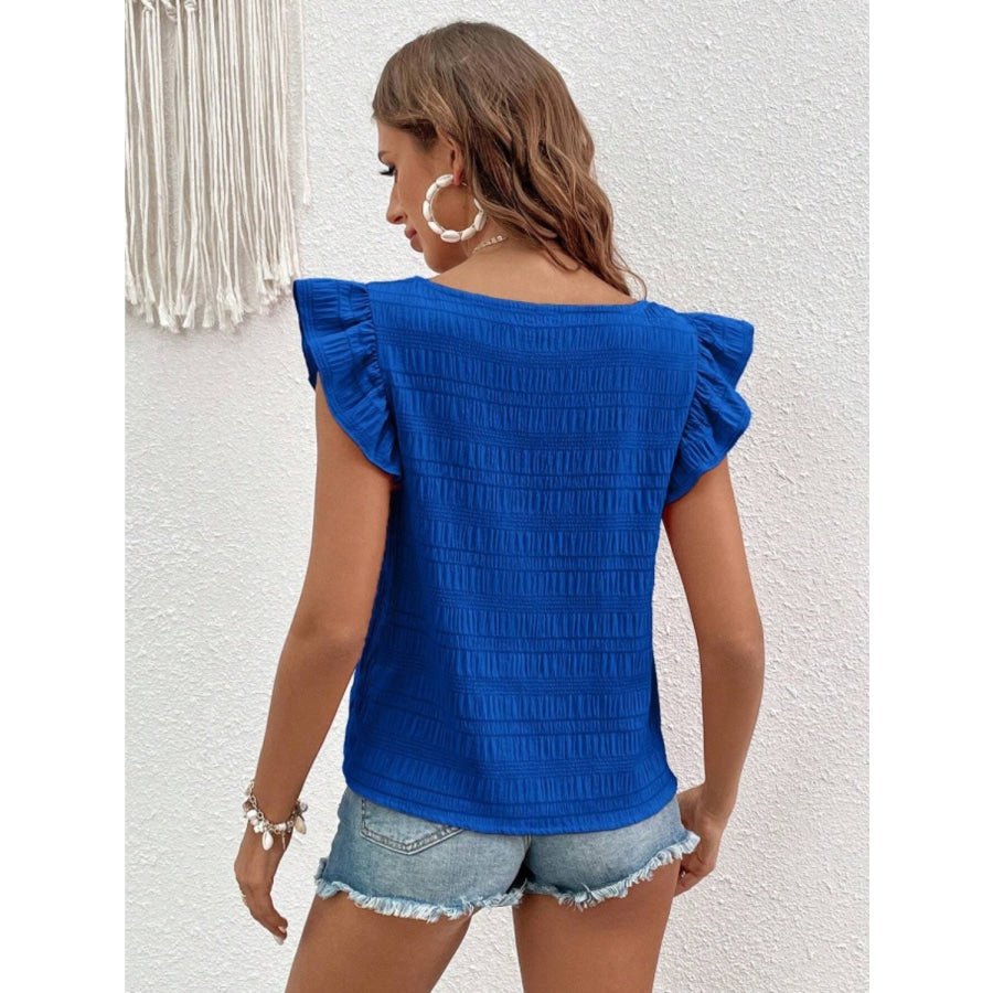 Ruffled Square Neck Cap Sleeve Blouse Apparel and Accessories