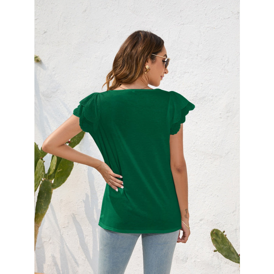 Ruffled Square Neck Cap Sleeve Blouse Green / S Apparel and Accessories