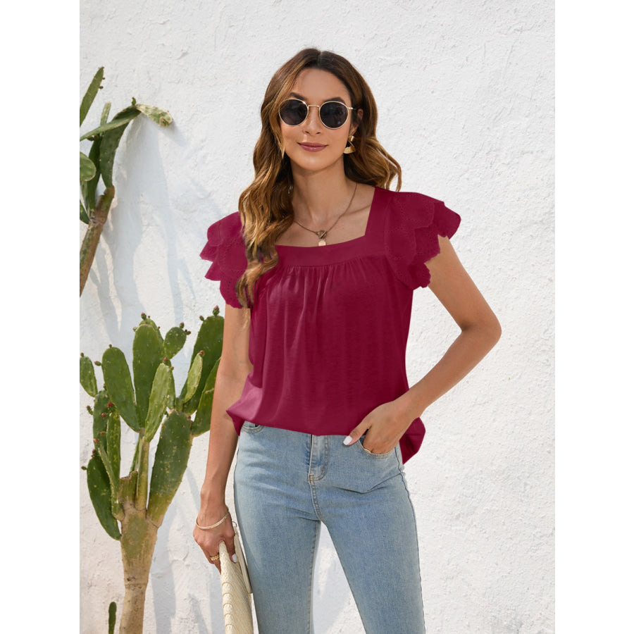 Ruffled Square Neck Cap Sleeve Blouse Apparel and Accessories