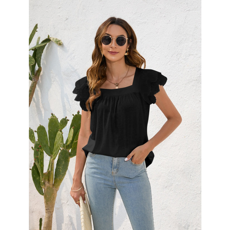 Ruffled Square Neck Cap Sleeve Blouse Black / S Apparel and Accessories