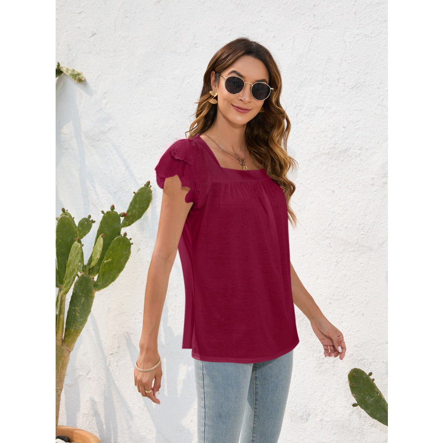 Ruffled Square Neck Cap Sleeve Blouse Cerise / S Apparel and Accessories