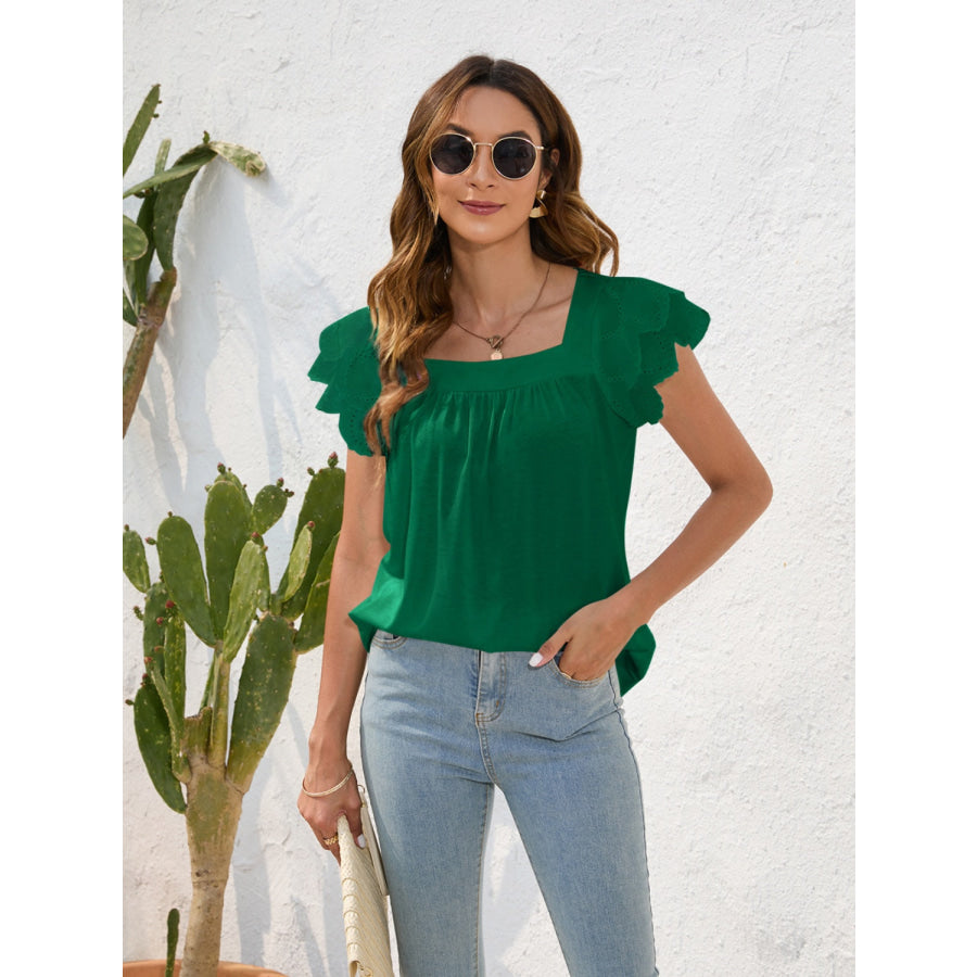 Ruffled Square Neck Cap Sleeve Blouse Green / S Apparel and Accessories