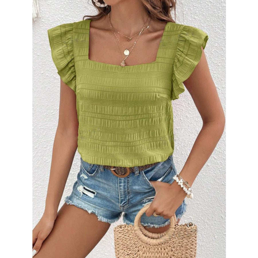 Ruffled Square Neck Cap Sleeve Blouse Lime / S Apparel and Accessories