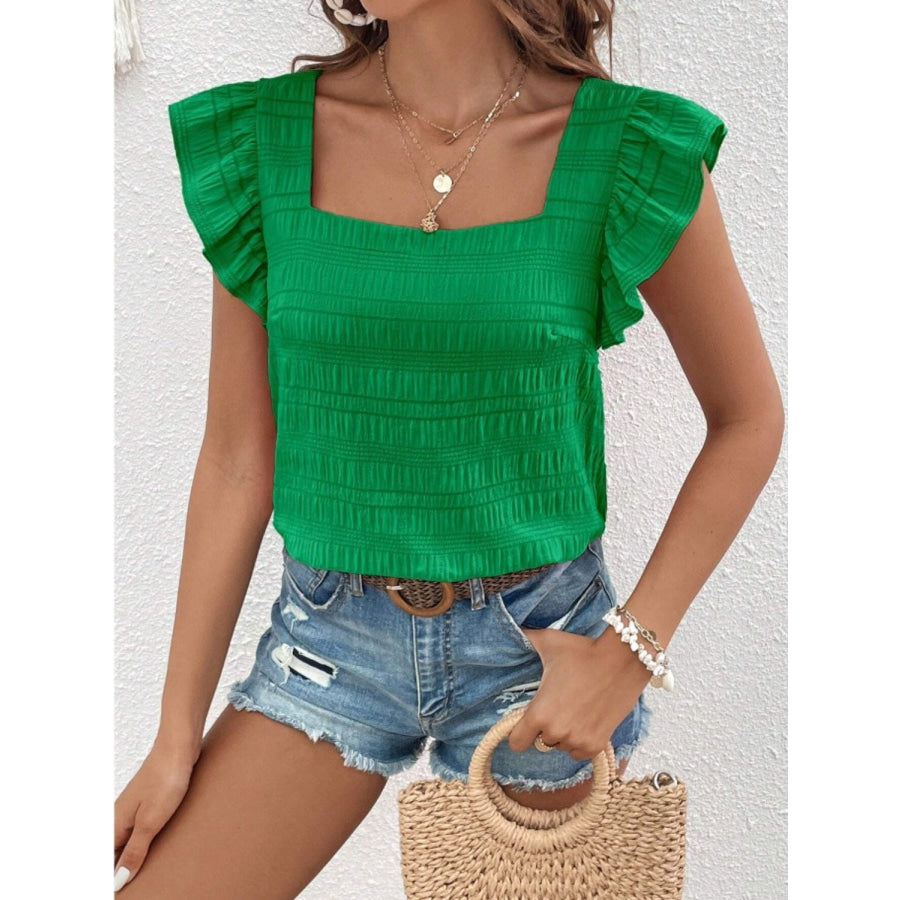 Ruffled Square Neck Cap Sleeve Blouse Mid Green / S Apparel and Accessories