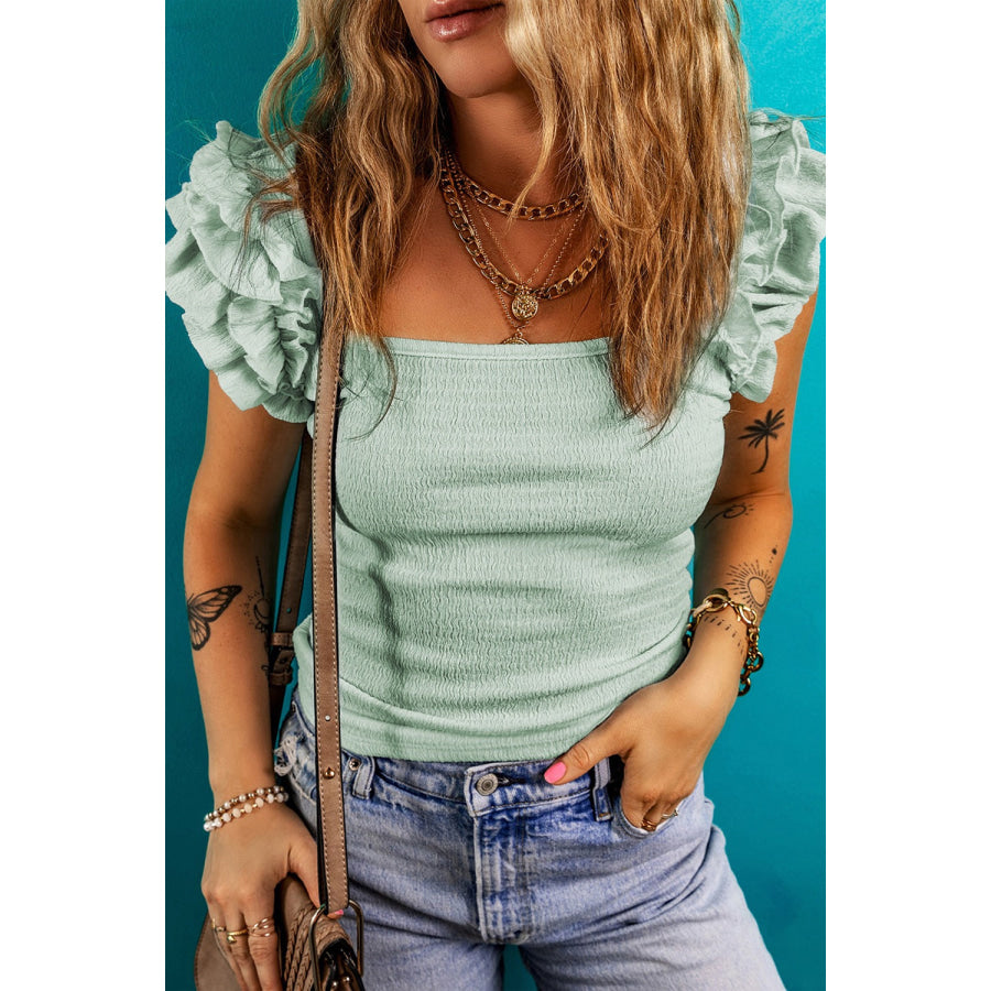 Ruffled Square Neck Cap Sleeve Blouse Sage / S Apparel and Accessories