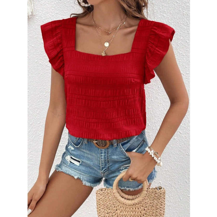 Ruffled Square Neck Cap Sleeve Blouse Wine / S Apparel and Accessories