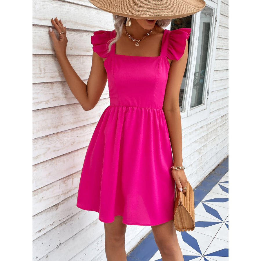 Ruffled Square Neck Dress Hot Pink / S