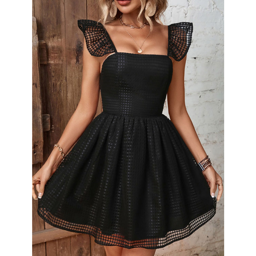 Ruffled Square Neck Fishnet A-Line Dress Black / S