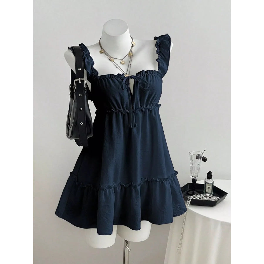 Ruffled Square Neck Tie-Front Mini Dress Apparel and Accessories