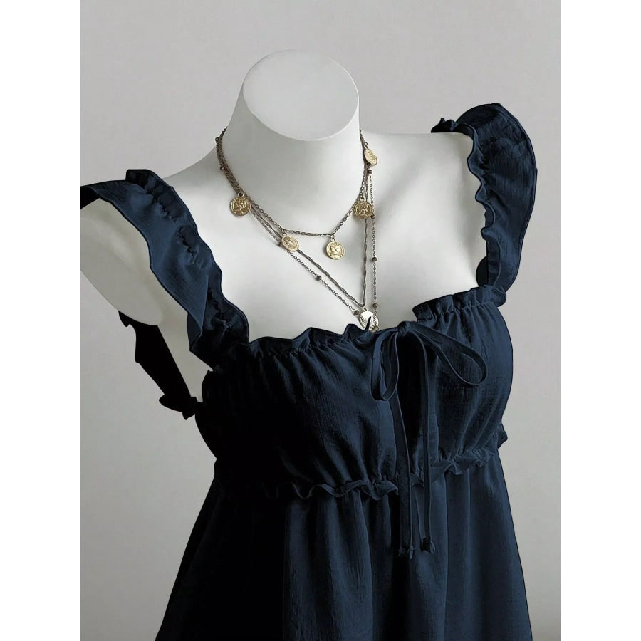Ruffled Square Neck Tie-Front Mini Dress Navy Blue / S Apparel and Accessories