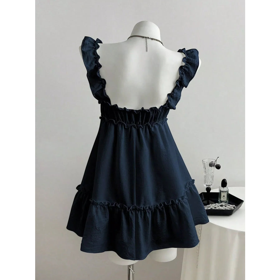 Ruffled Square Neck Tie-Front Mini Dress Apparel and Accessories