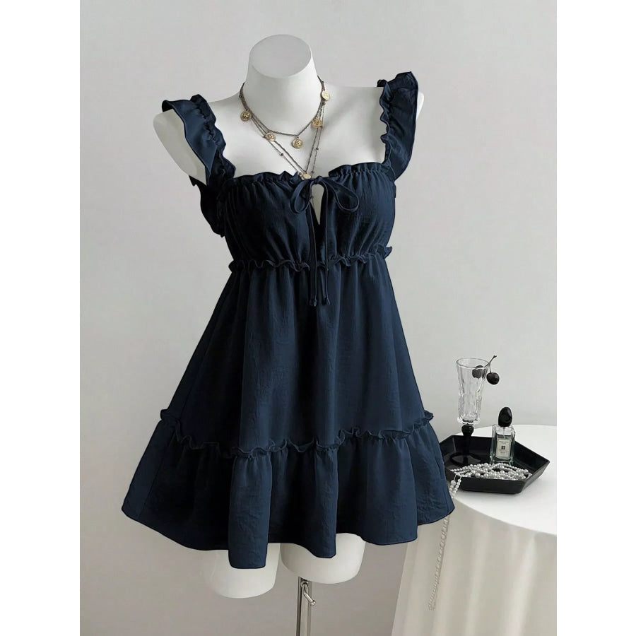 Ruffled Square Neck Tie-Front Mini Dress Navy Blue / S Apparel and Accessories