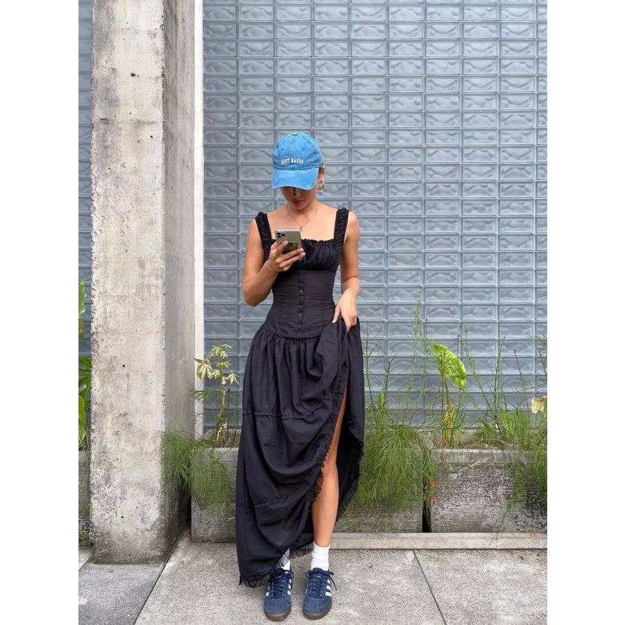 Ruffled Square Neck Tiered Maxi Dress Apparel and Accessories