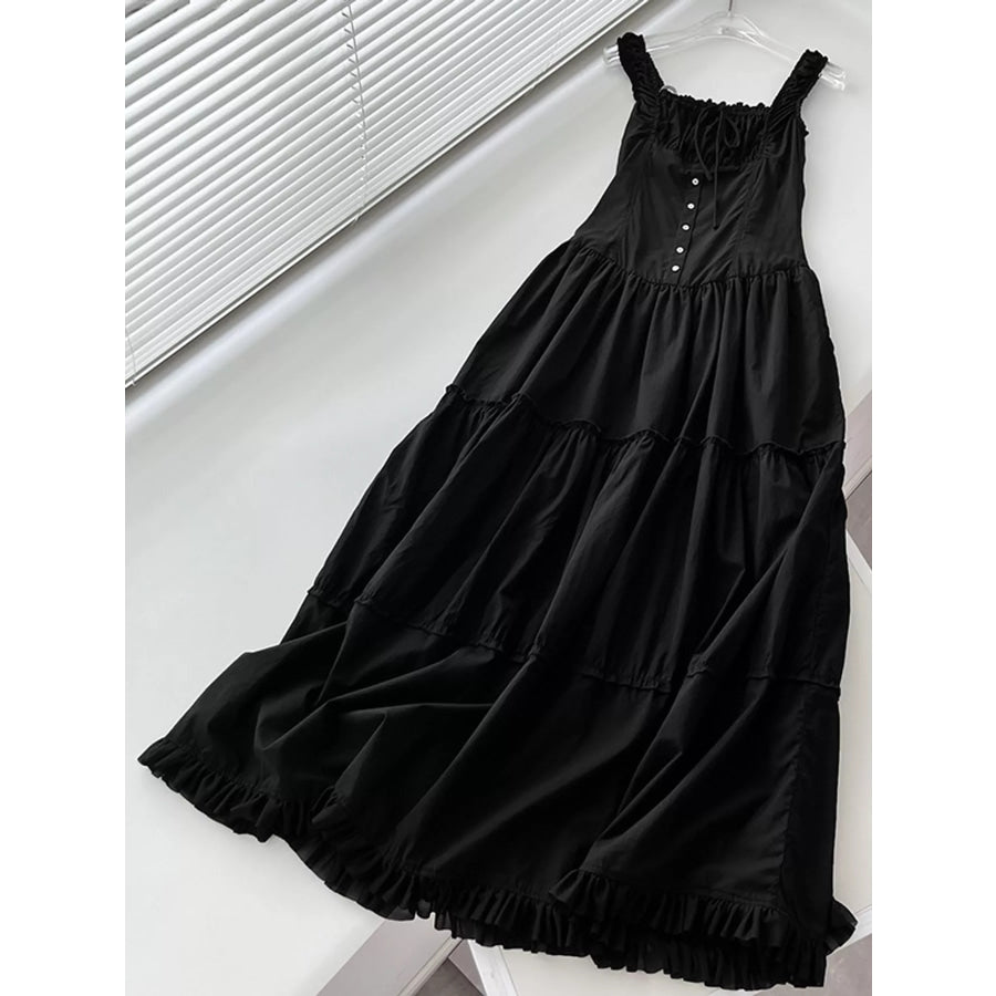 Ruffled Square Neck Tiered Maxi Dress Black - Petite [Under 165] / S Apparel and Accessories
