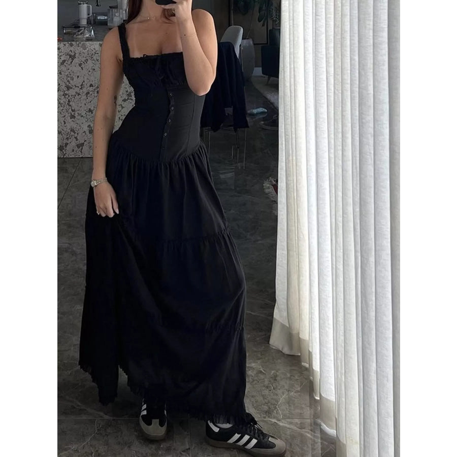 Ruffled Square Neck Tiered Maxi Dress Black / S Apparel and Accessories