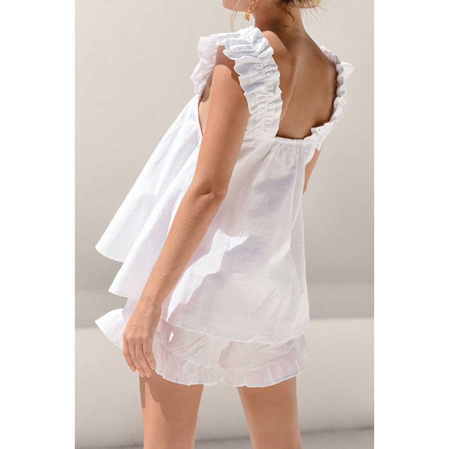 Ruffled Square Neck Top and Shorts Set Apparel Accessories