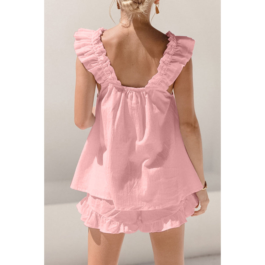 Ruffled Square Neck Top and Shorts Set Apparel Accessories