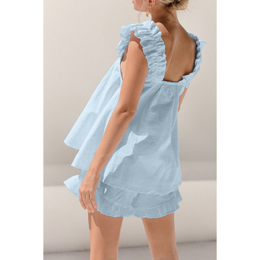 Ruffled Square Neck Top and Shorts Set Apparel Accessories