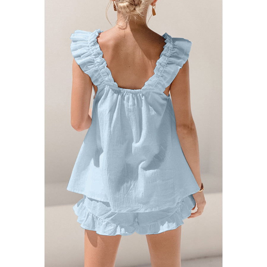 Ruffled Square Neck Top and Shorts Set Apparel Accessories