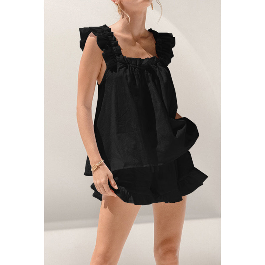 Ruffled Square Neck Top and Shorts Set Black / S Apparel Accessories