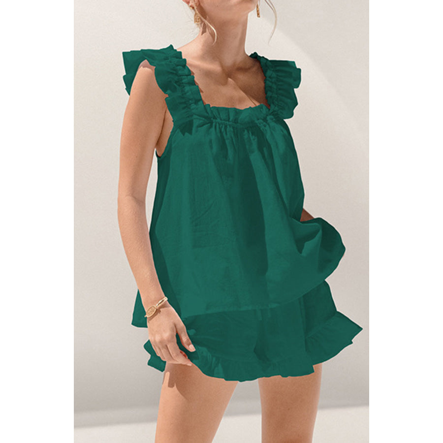 Ruffled Square Neck Top and Shorts Set Green / S Apparel Accessories