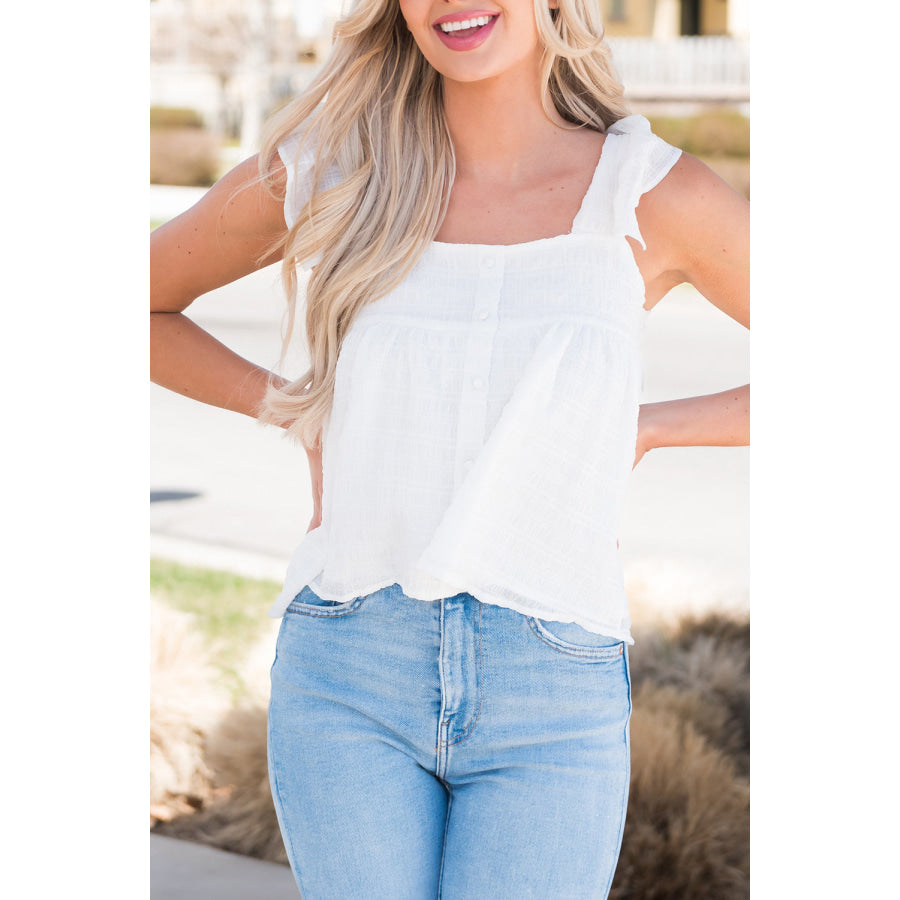 Ruffled Square Neck Wide Strap Tank White / S Apparel and Accessories