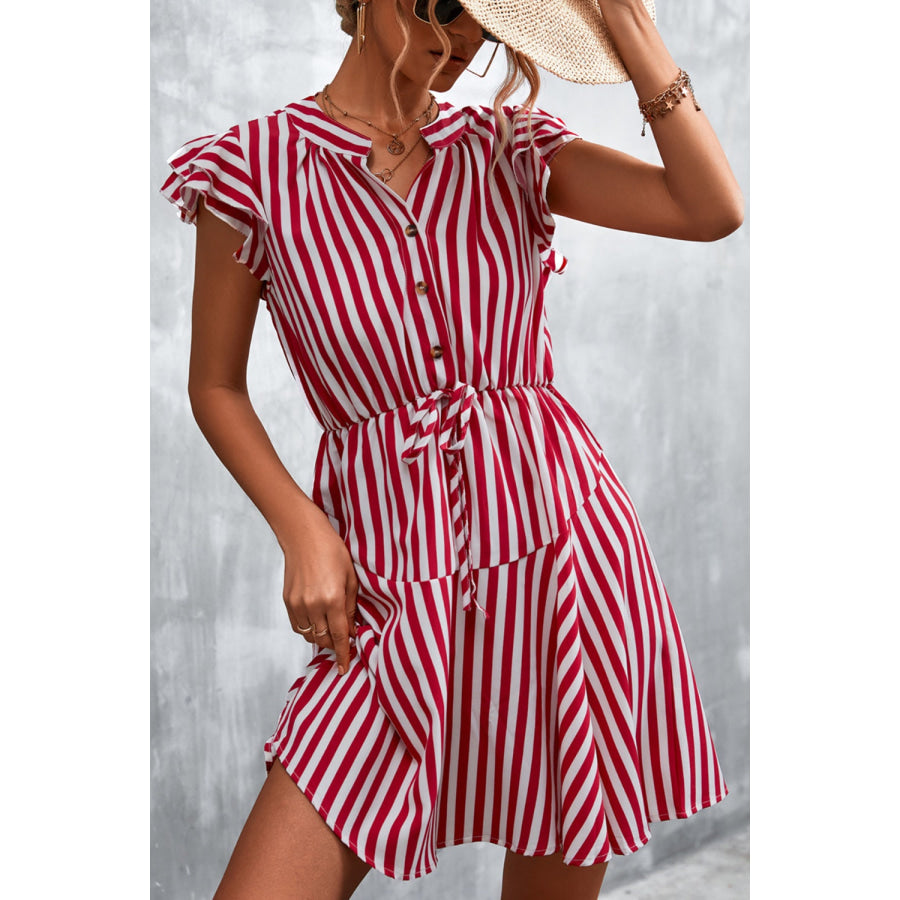 Ruffled Striped Cap Sleeve Mini Dress Deep Red / S Apparel and Accessories