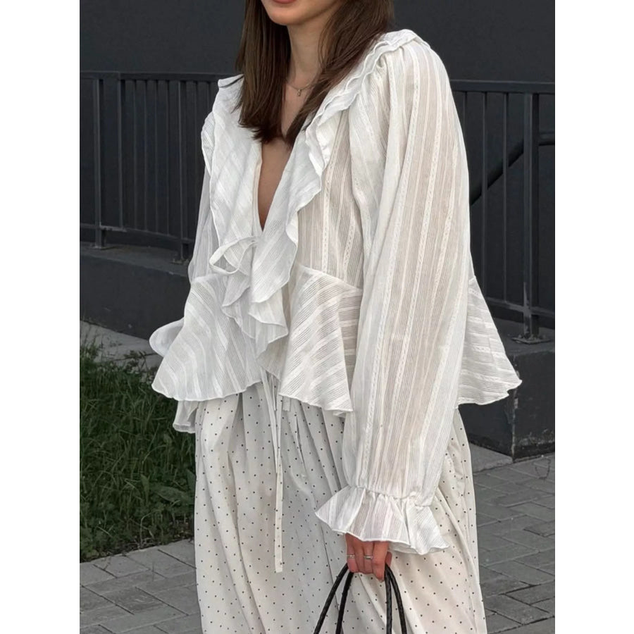 Ruffled Striped Flounce Sleeve Blouse Apparel and Accessories