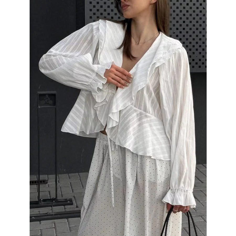 Ruffled Striped Flounce Sleeve Blouse Apparel and Accessories