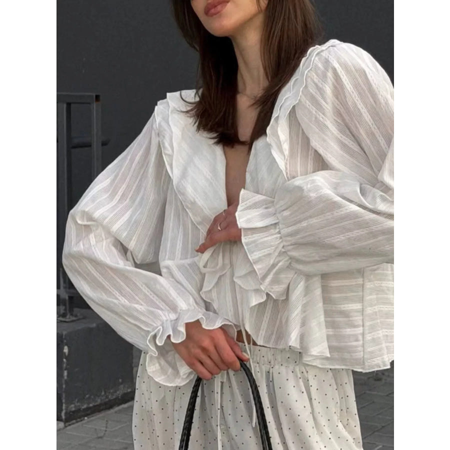 Ruffled Striped Flounce Sleeve Blouse Apparel and Accessories