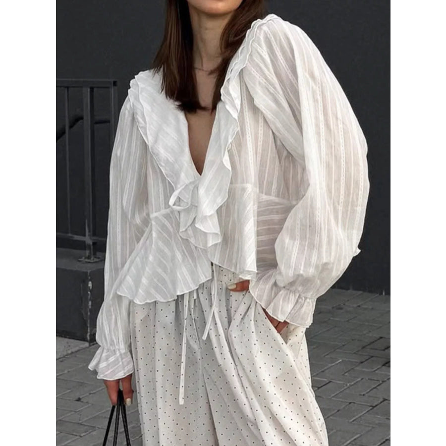 Ruffled Striped Flounce Sleeve Blouse Apparel and Accessories