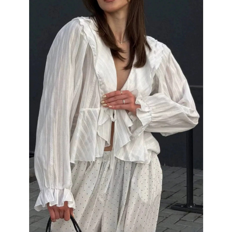 Ruffled Striped Flounce Sleeve Blouse Apparel and Accessories