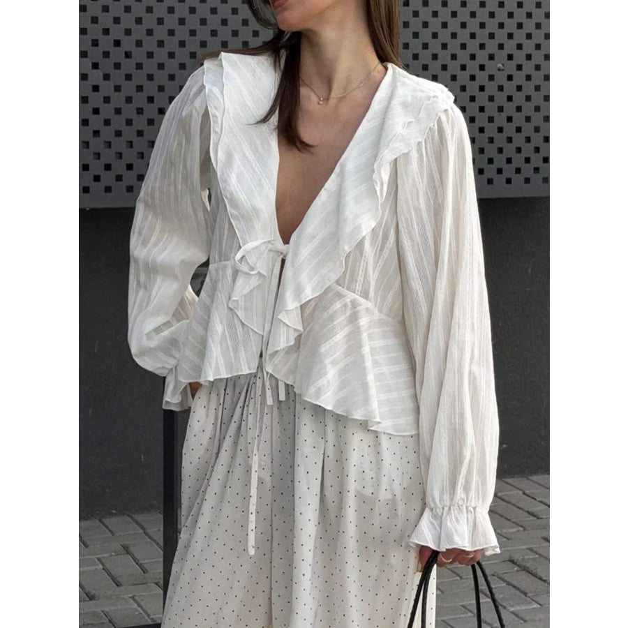 Ruffled Striped Flounce Sleeve Blouse White / S Apparel and Accessories