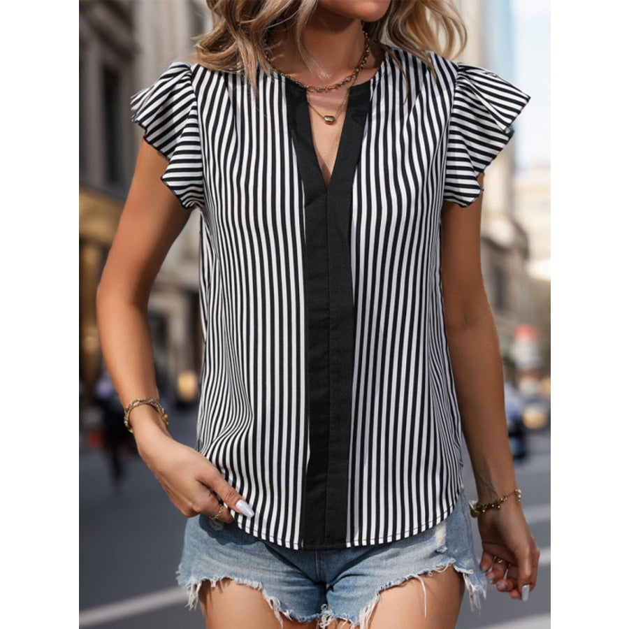 Ruffled Striped Notched Cap Sleeve Blouse Black / S Apparel and Accessories