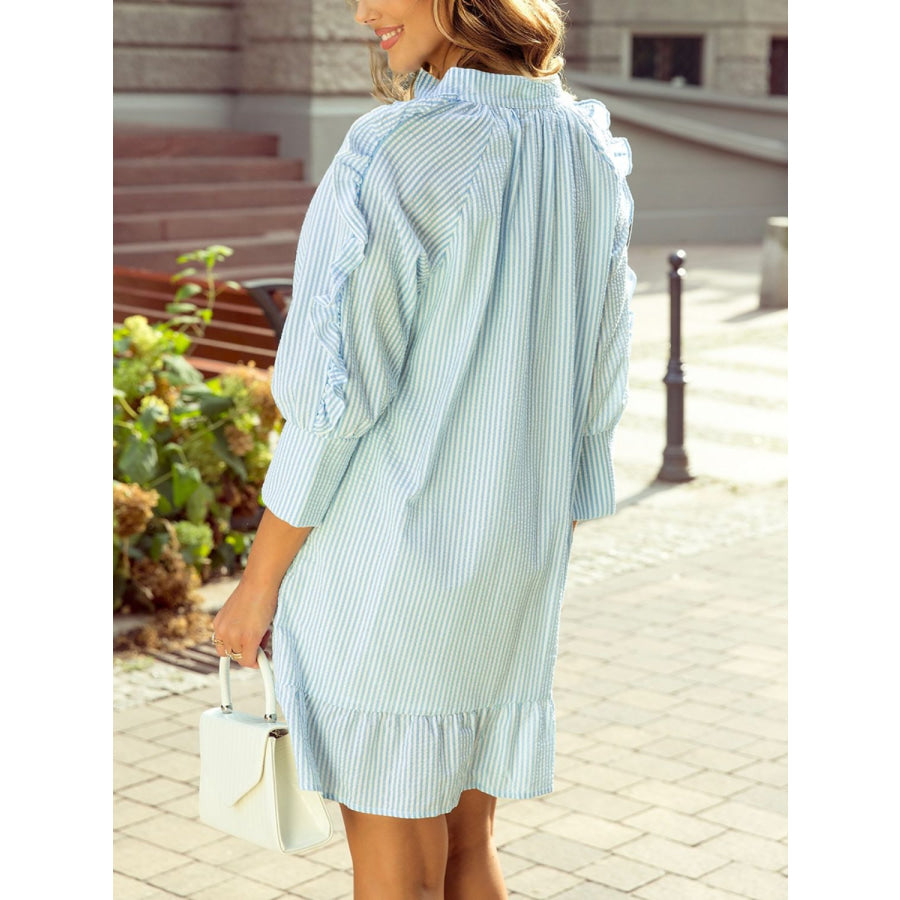 Ruffled Striped Notched Mini Dress Pastel Blue / S Apparel and Accessories