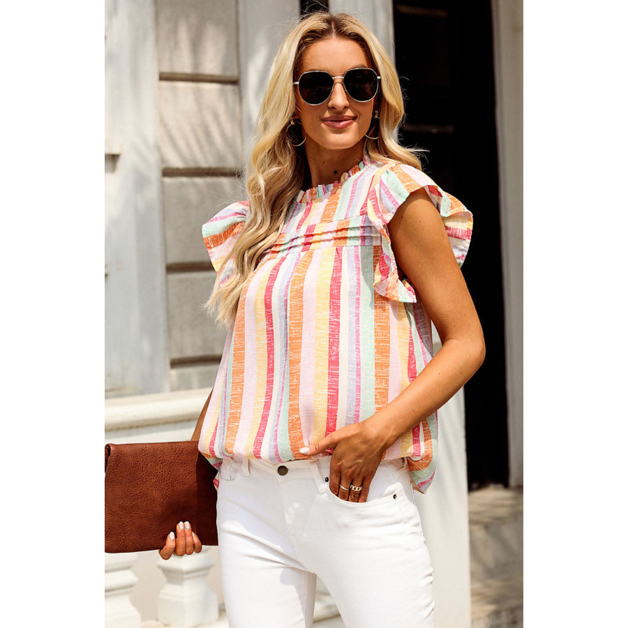 Ruffled Striped Round Neck Cap Sleeve Blouse Apparel and Accessories