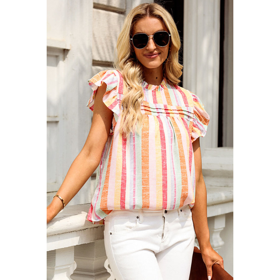 Ruffled Striped Round Neck Cap Sleeve Blouse Apparel and Accessories