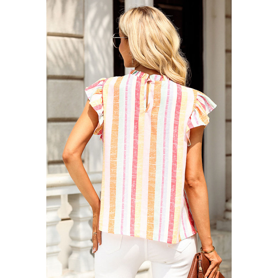 Ruffled Striped Round Neck Cap Sleeve Blouse Apparel and Accessories