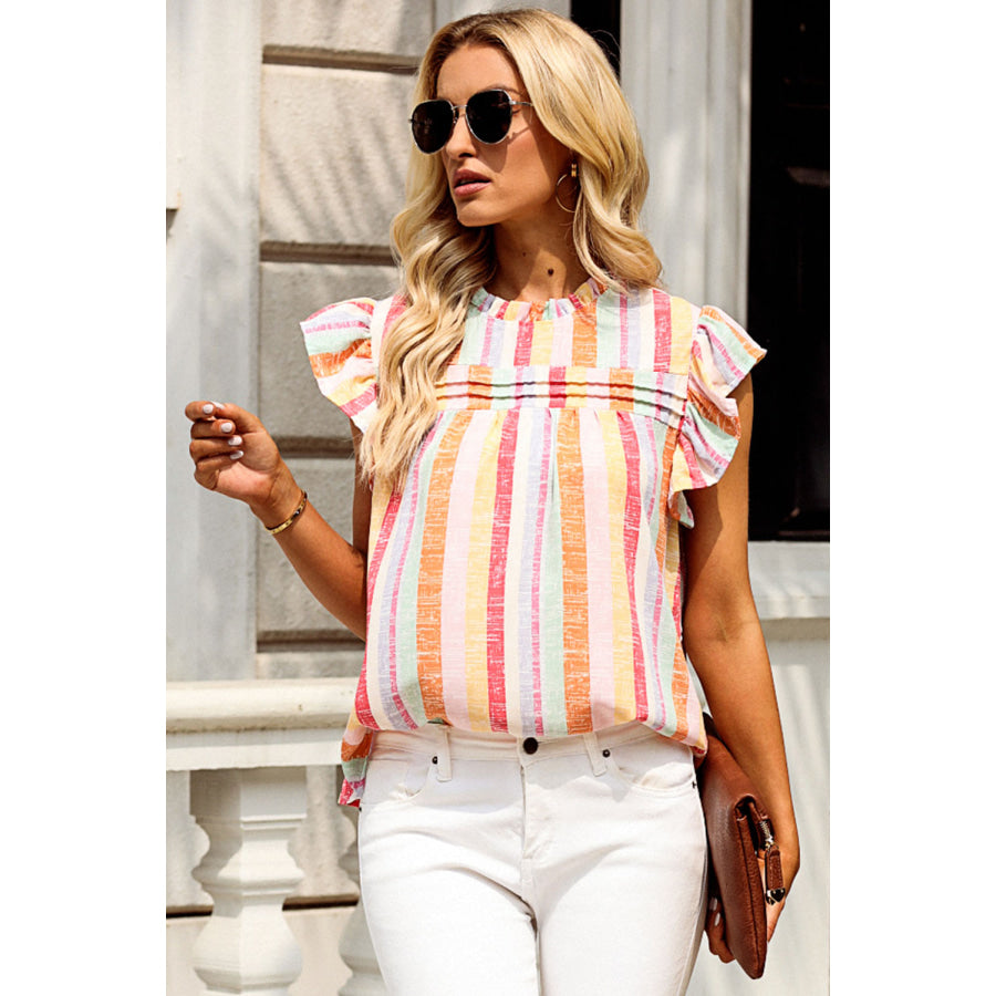 Ruffled Striped Round Neck Cap Sleeve Blouse Apparel and Accessories