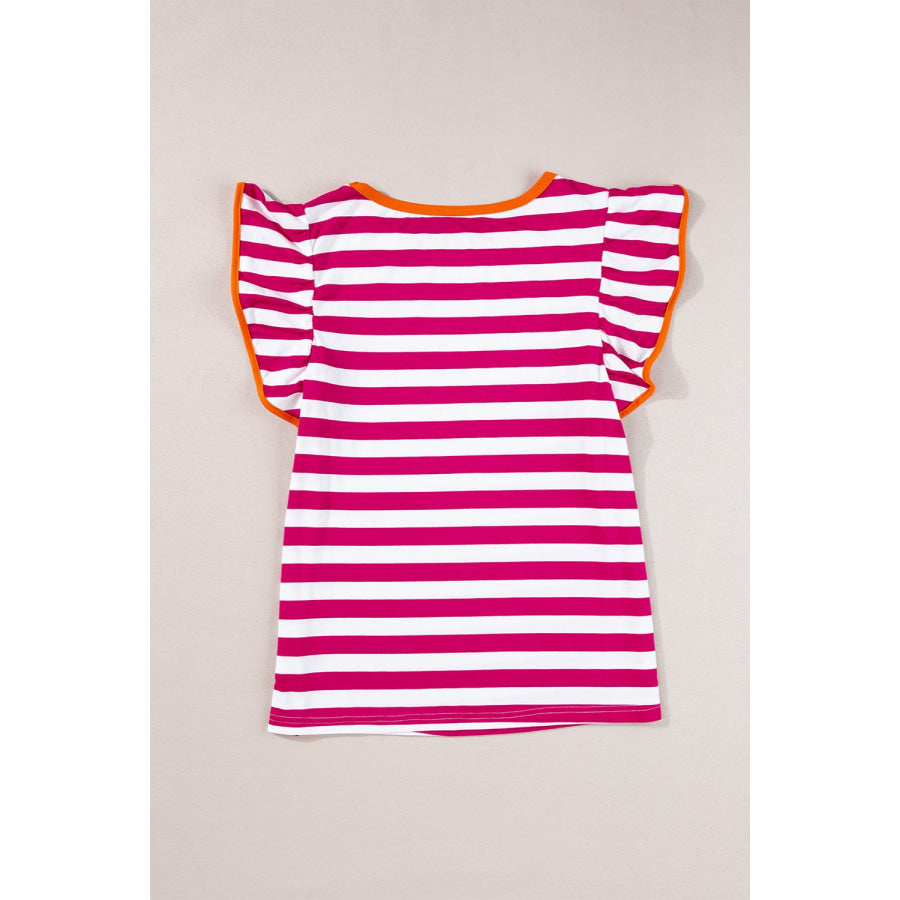 Ruffled Striped Round Neck Cap Sleeve Blouse Stripe / S Apparel and Accessories