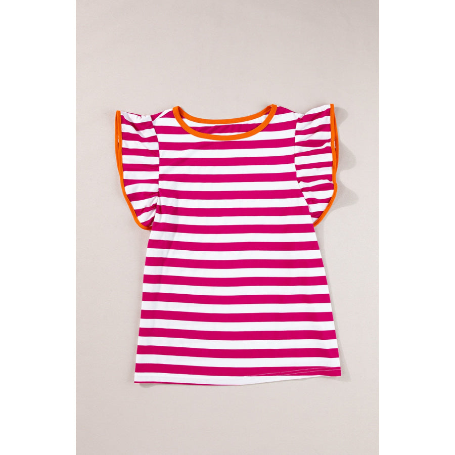 Ruffled Striped Round Neck Cap Sleeve Blouse Stripe / S Apparel and Accessories