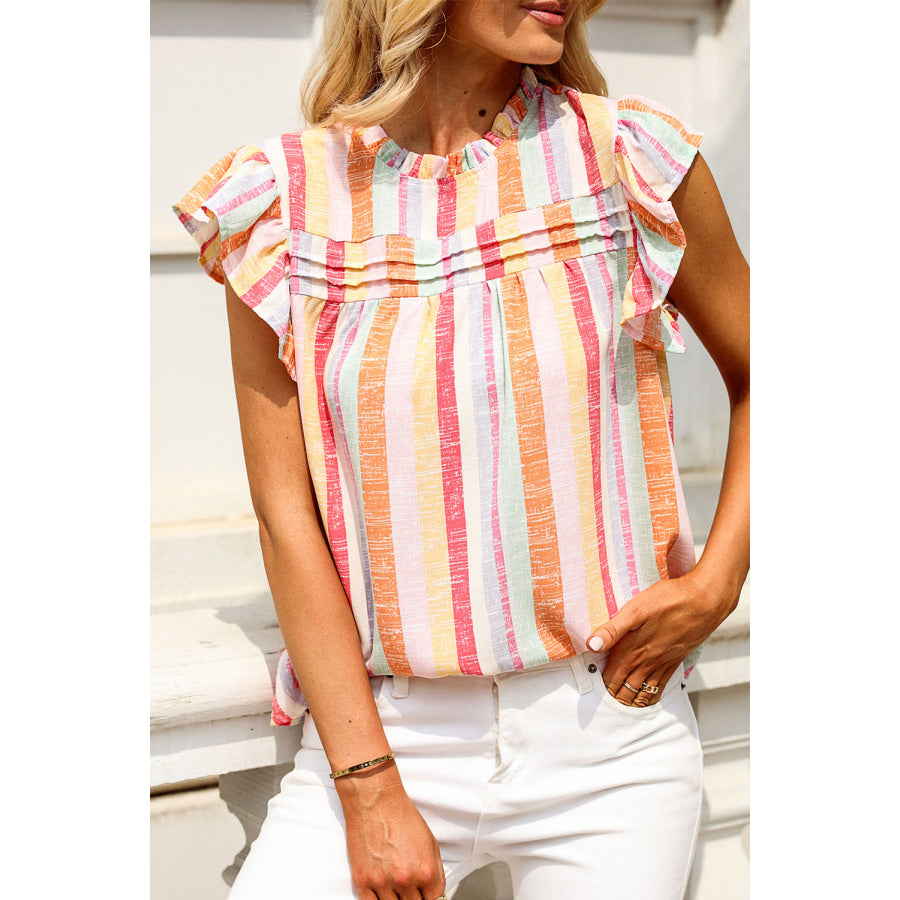 Ruffled Striped Round Neck Cap Sleeve Blouse Stripe / XS Apparel and Accessories