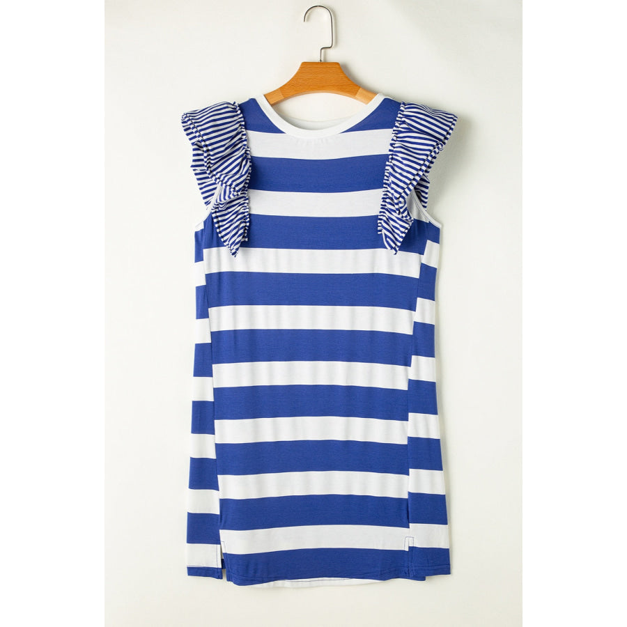 Ruffled Striped Round Neck Cap Sleeve Mini Dress Apparel and Accessories