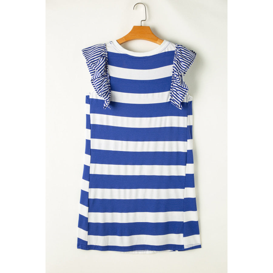 Ruffled Striped Round Neck Cap Sleeve Mini Dress Apparel and Accessories